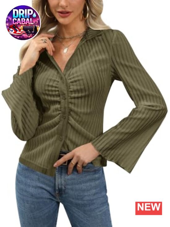 Tops - Women's Button Down V Neck Ruched Blouse Long Sleeve Slim Fit Top